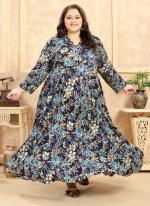 Rayon Navy Blue Casual Wear Printed Plus Size Gown